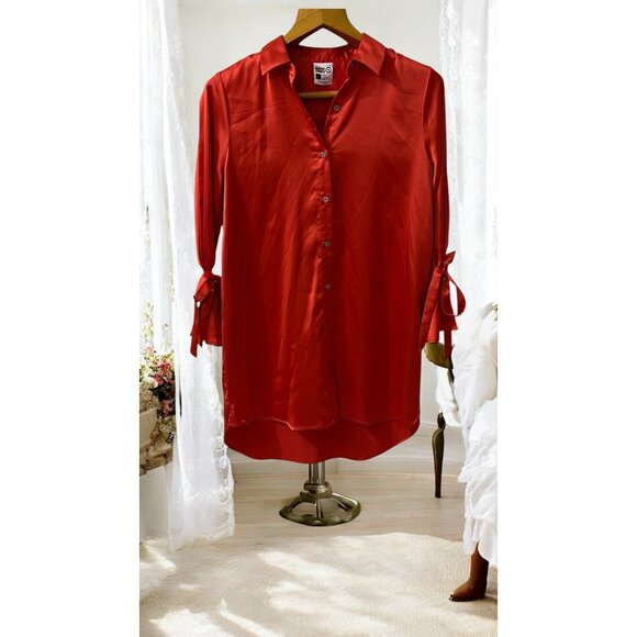 Target X Sammy B Red Orange Satin  Button-Up Tunic Shirt With Tie-Sleeves L‎ - Picture 1 of 10